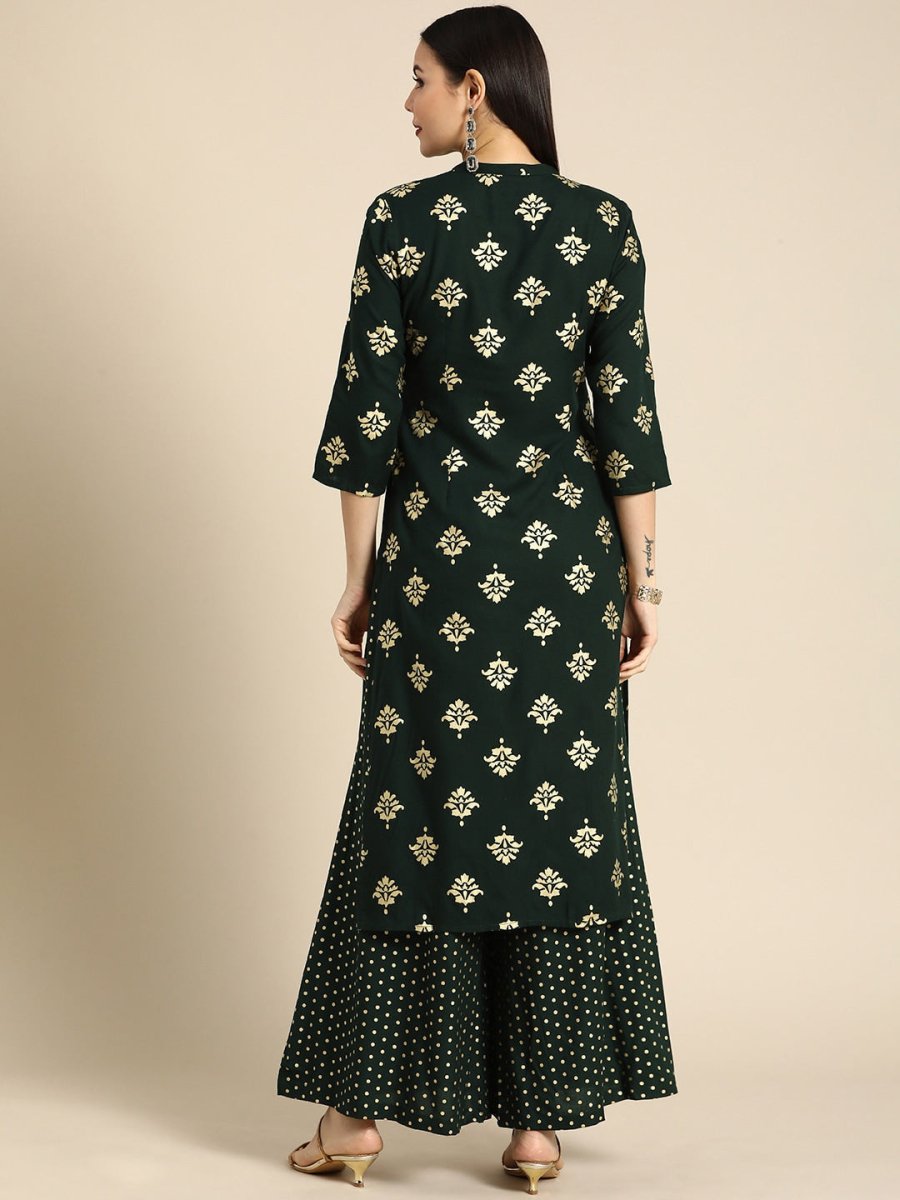 All About You Women Green & Gold-toned Ethnic Motifs Printed Kurta with Palazzos | Grocsy