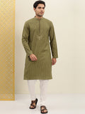 House of Pataudi Men Olive Green Striped Straight Kurta with Embroidered Detail | Grocsy