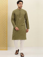 House of Pataudi Men Olive Green Striped Straight Kurta with Embroidered Detail | Grocsy