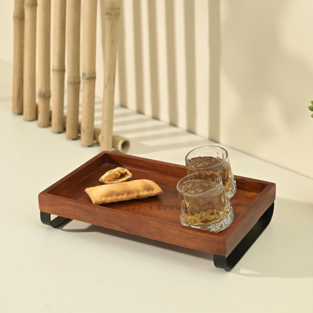 Brick Brown Premium Wooden Serving Tray/Platter with Black Metal Stand | Grocsy