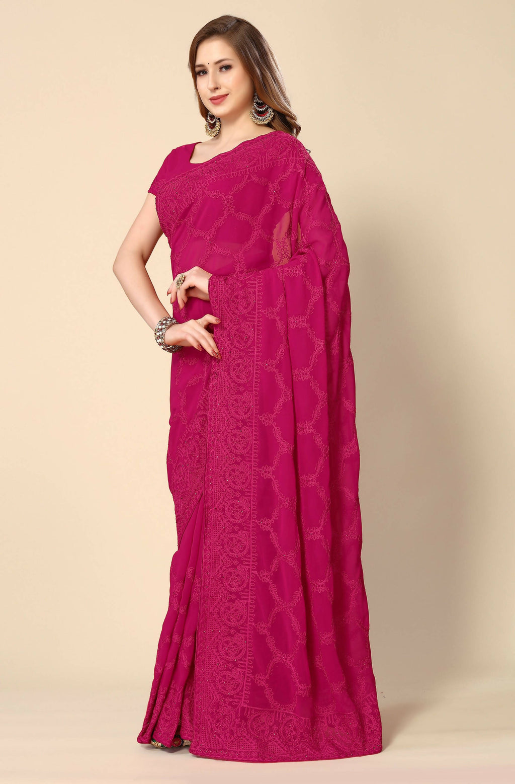 Pink Georgette Embroidered and Stone Work Saree with Unstitched Blouse Piece - Roozal | Grocsy