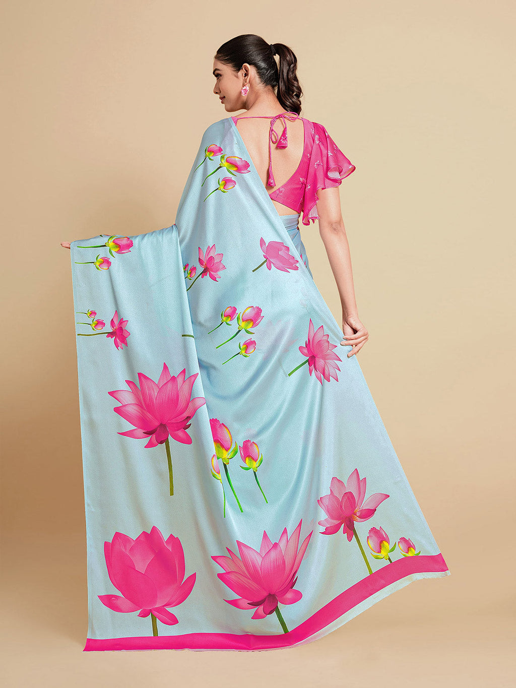 Sangria Turquoise Blue & Magenta Floral Zari Satin Saree | Grocsy