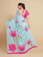 Sangria Turquoise Blue & Magenta Floral Zari Satin Saree | Grocsy