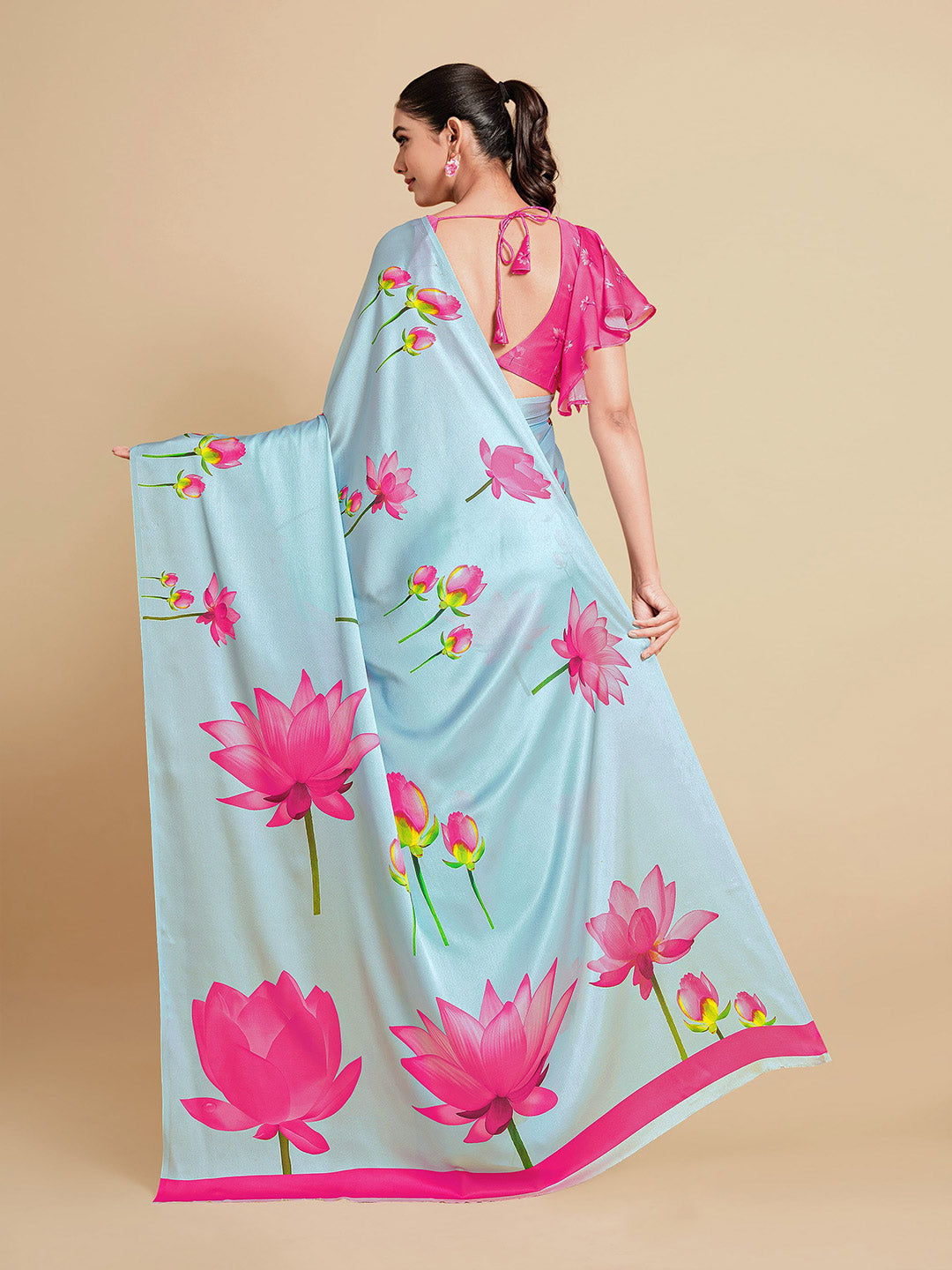 Sangria Turquoise Blue & Magenta Floral Zari Satin Saree | Grocsy