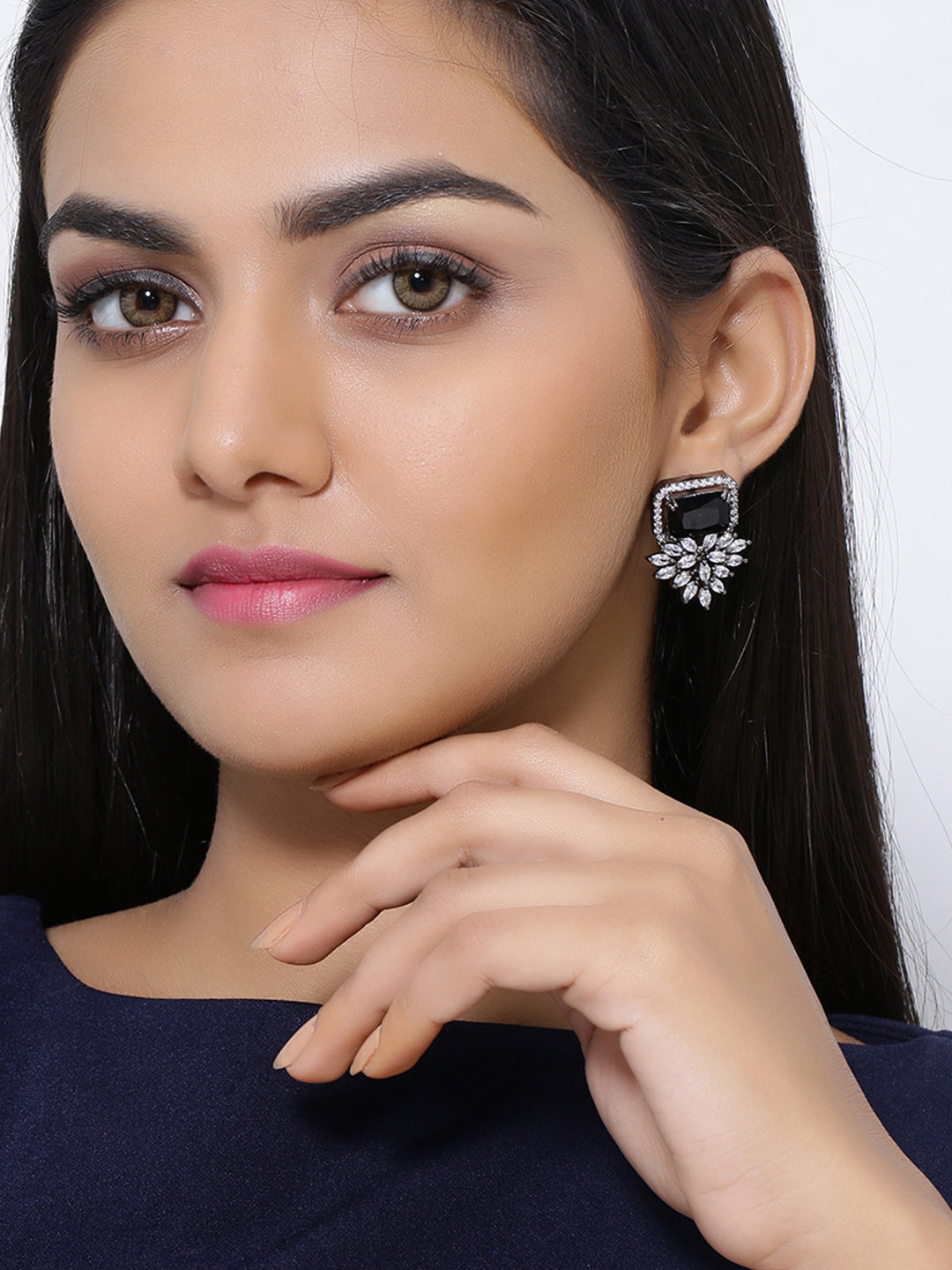 Shoshaa Silver-Plated & Black CZ Studded Contemporary Drop Earrings | Grocsy