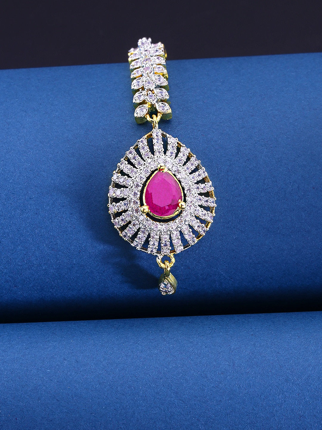 Yellow Chimes Women Gold-Polished American Diamond Pink & White Studded Handcrafted Maang Tikka | Grocsy