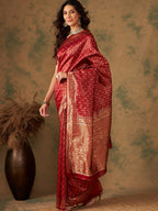 Sangria Red & Gold Toned Ethnic Motifs Woven Design Zari Banarasi Saree | Grocsy