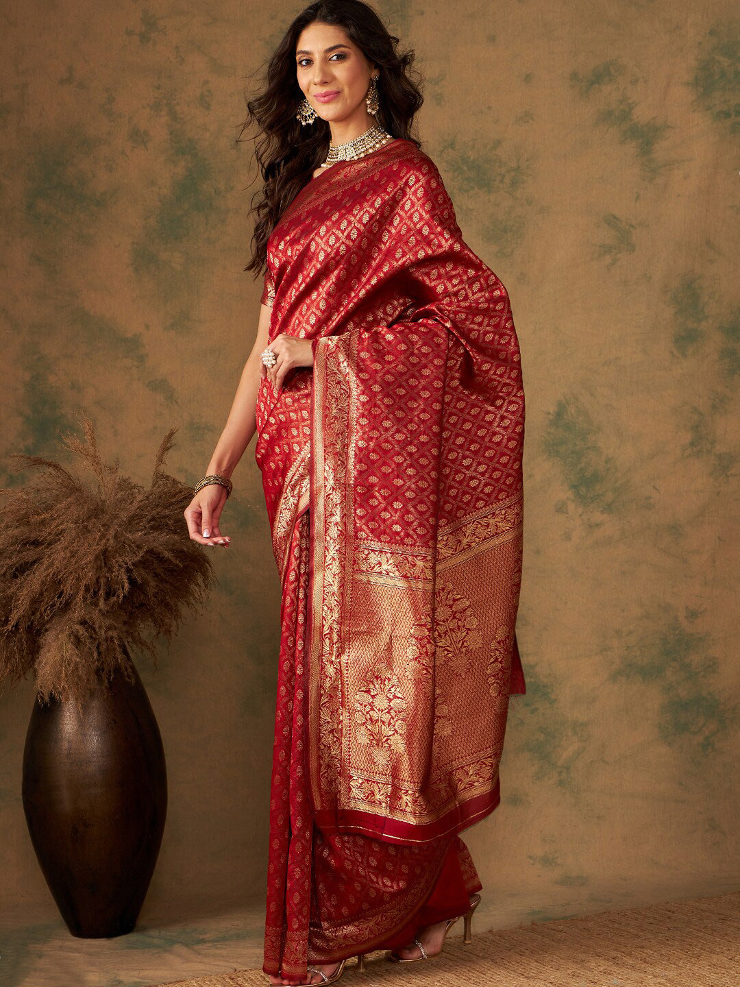 Sangria Red & Gold Toned Ethnic Motifs Woven Design Zari Banarasi Saree | Grocsy