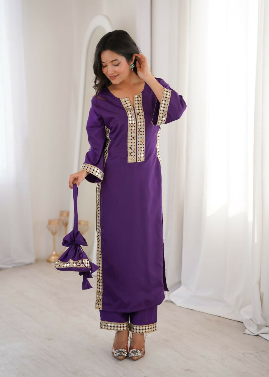 Teeya Creation Womens New Trending Purple Color Natural Crepe With Real Mirror Lace Work Kurta Set | Grocsy