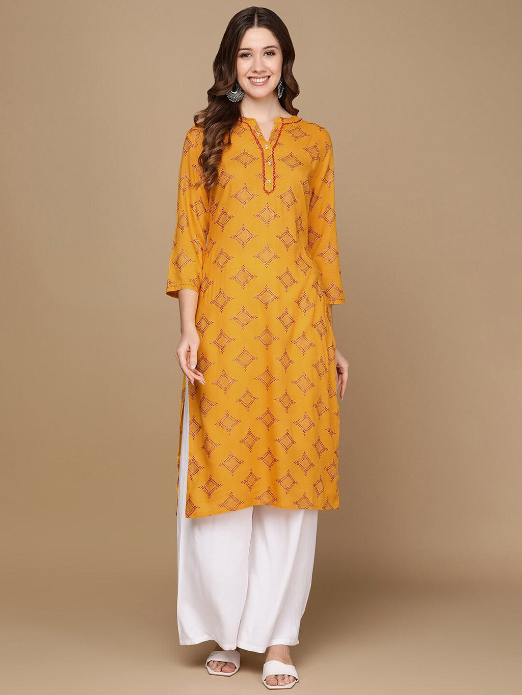 HERE&NOW Mustard Yellow & Red Ethnic Motifs Printed Kurta | Grocsy