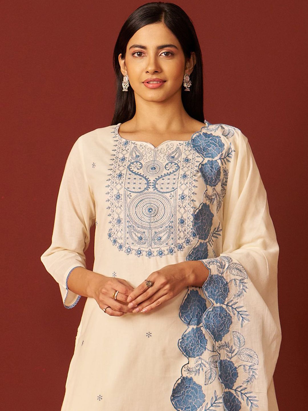 Indo Era Paisley Embroidered Thread Work Pure Cotton Kurta With Trousers And Dupatta | Grocsy