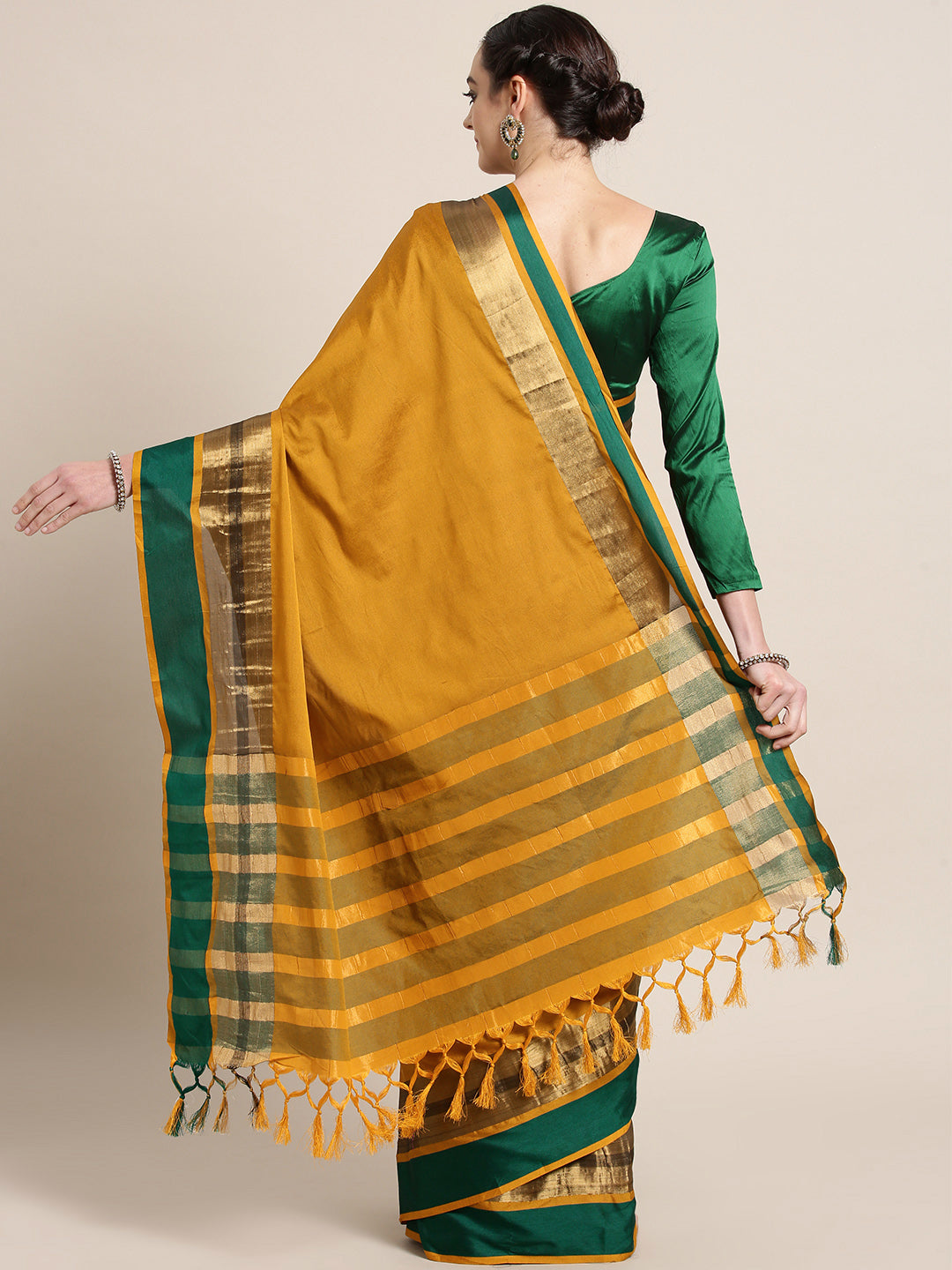 Saree Mall Mustard Yellow & Green Solid Saree | Grocsy