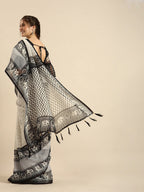 Sangria Black & Grey Ethnic Motifs Zari Pure Linen Saree | Grocsy