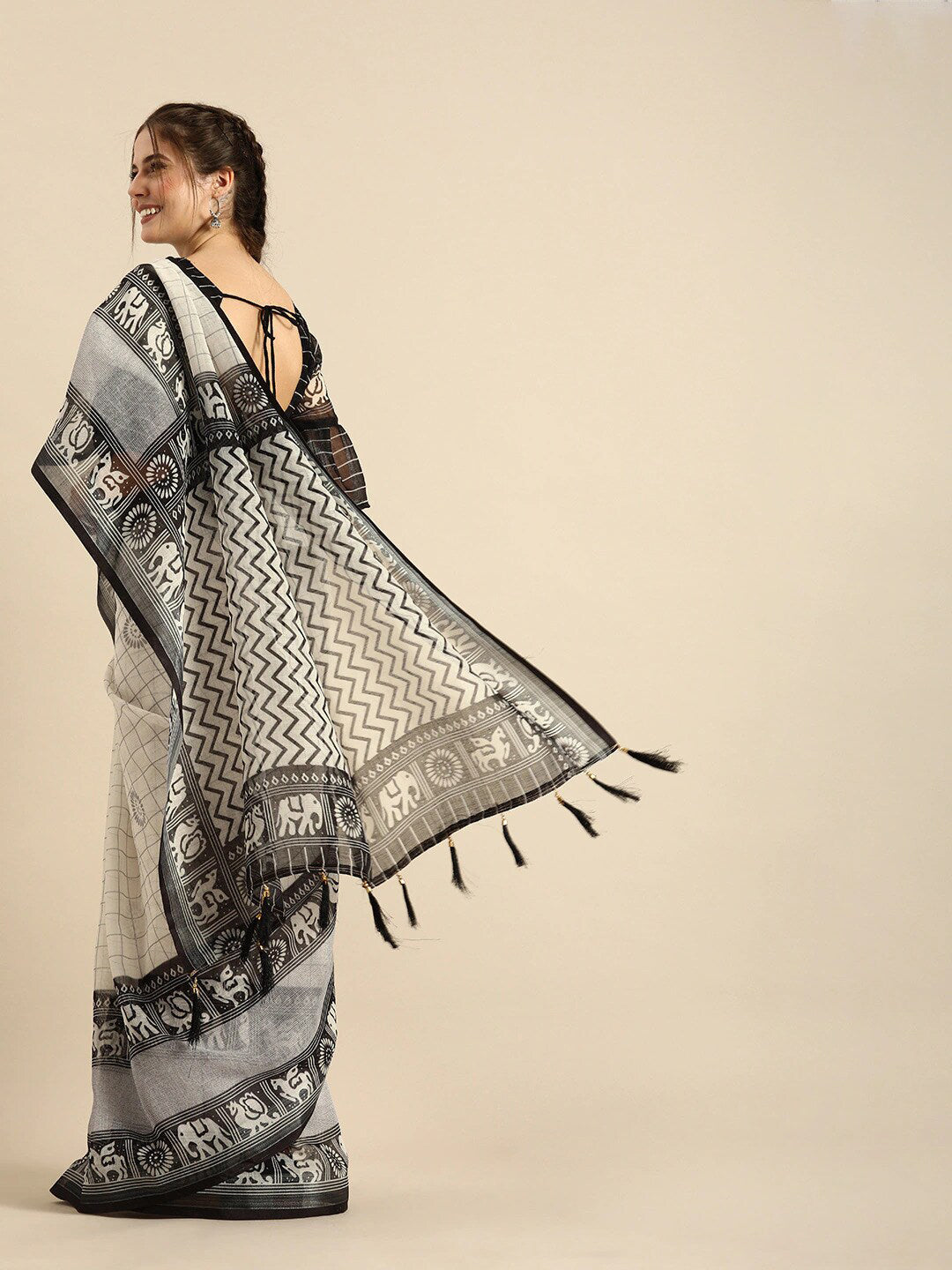 Sangria Black & Grey Ethnic Motifs Zari Pure Linen Saree | Grocsy