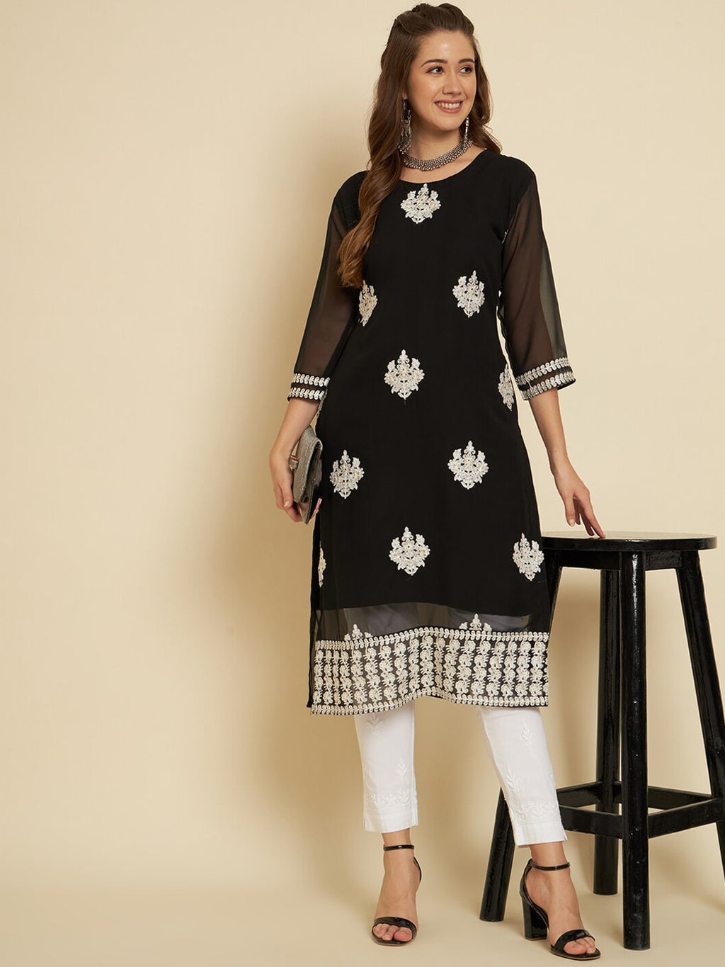 HERE&NOW Black & White Ethnic Motifs Chikankari Embroidered Georgette Kurta | Grocsy