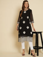 HERE&NOW Black & White Ethnic Motifs Chikankari Embroidered Georgette Kurta | Grocsy
