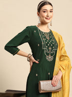 Sangria Women Green Ethnic Motifs Embroidered Pure Cotton Kurta with Trousers & With Dupatta | Grocsy
