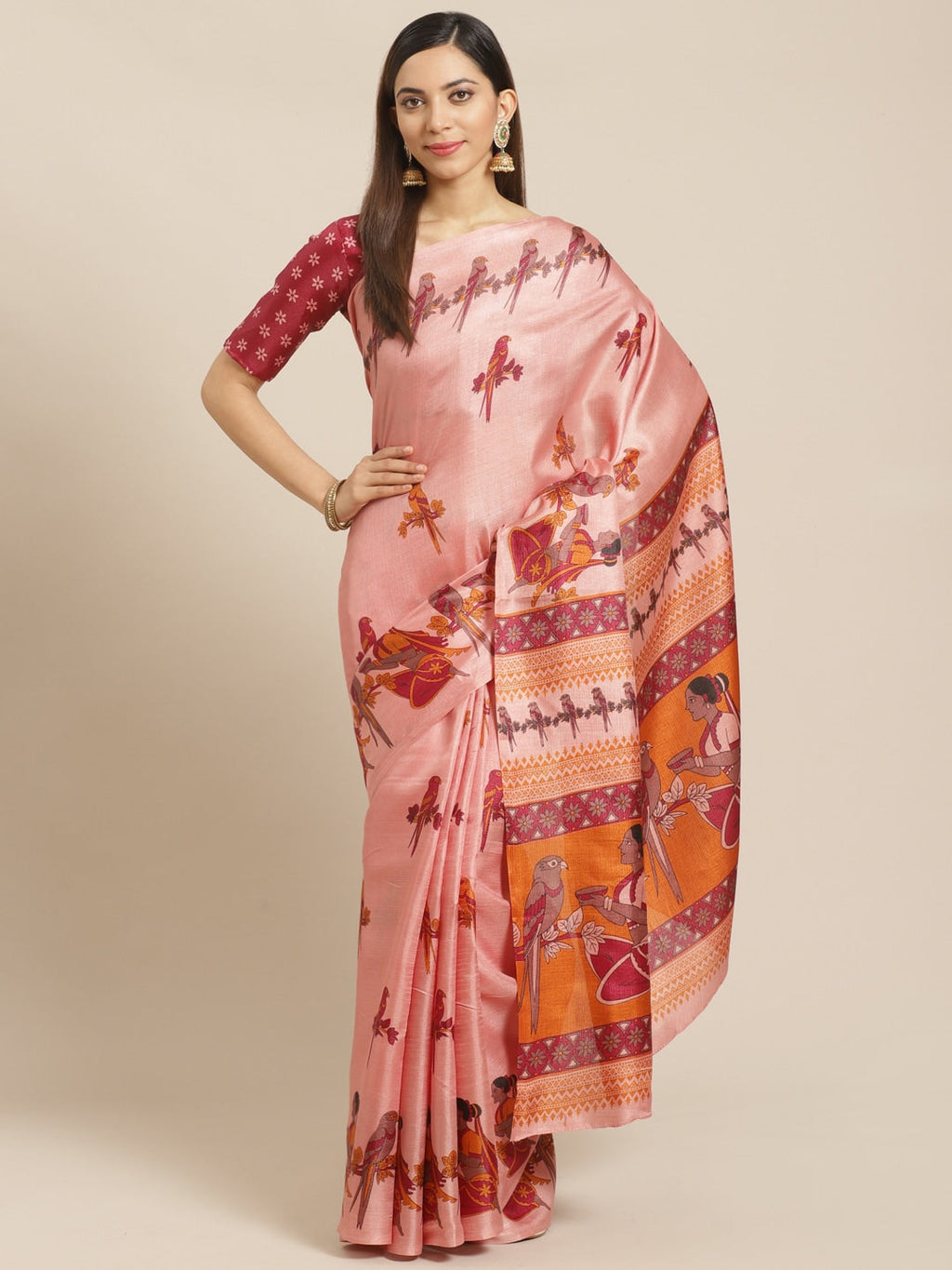 Saree Mall Peach-Coloured & Maroon Warli Print Bhagalpuri Saree | Grocsy