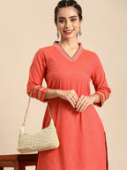 Sangria Women Coral Orange Solid Pure Cotton Kurta | Grocsy