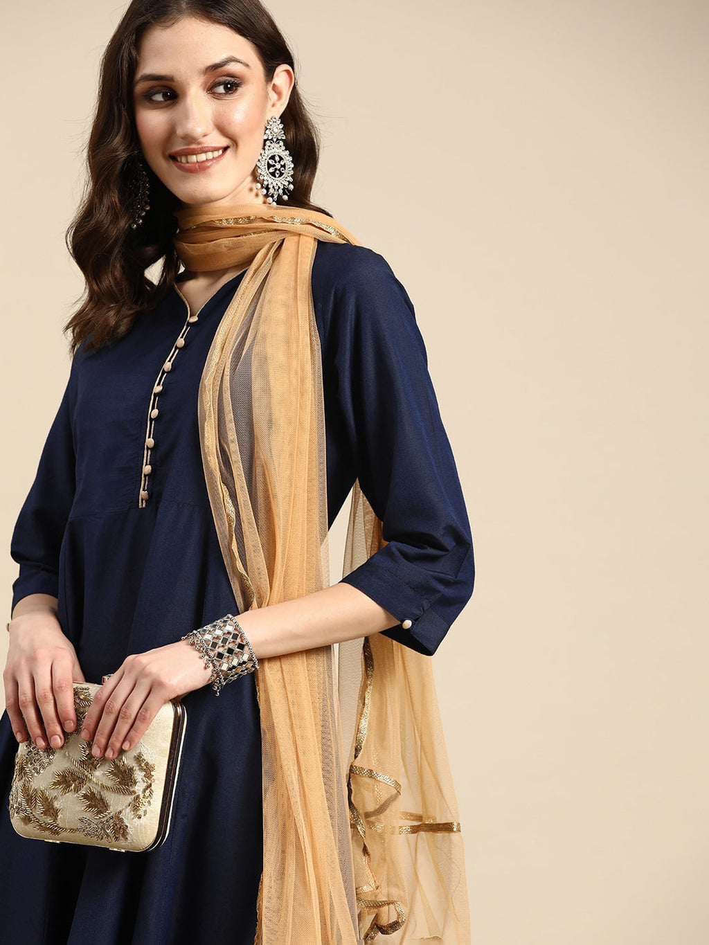 Sangria Women Navy Blue & Beige Embroidered Anarkali Kurta with Dupatta | Grocsy