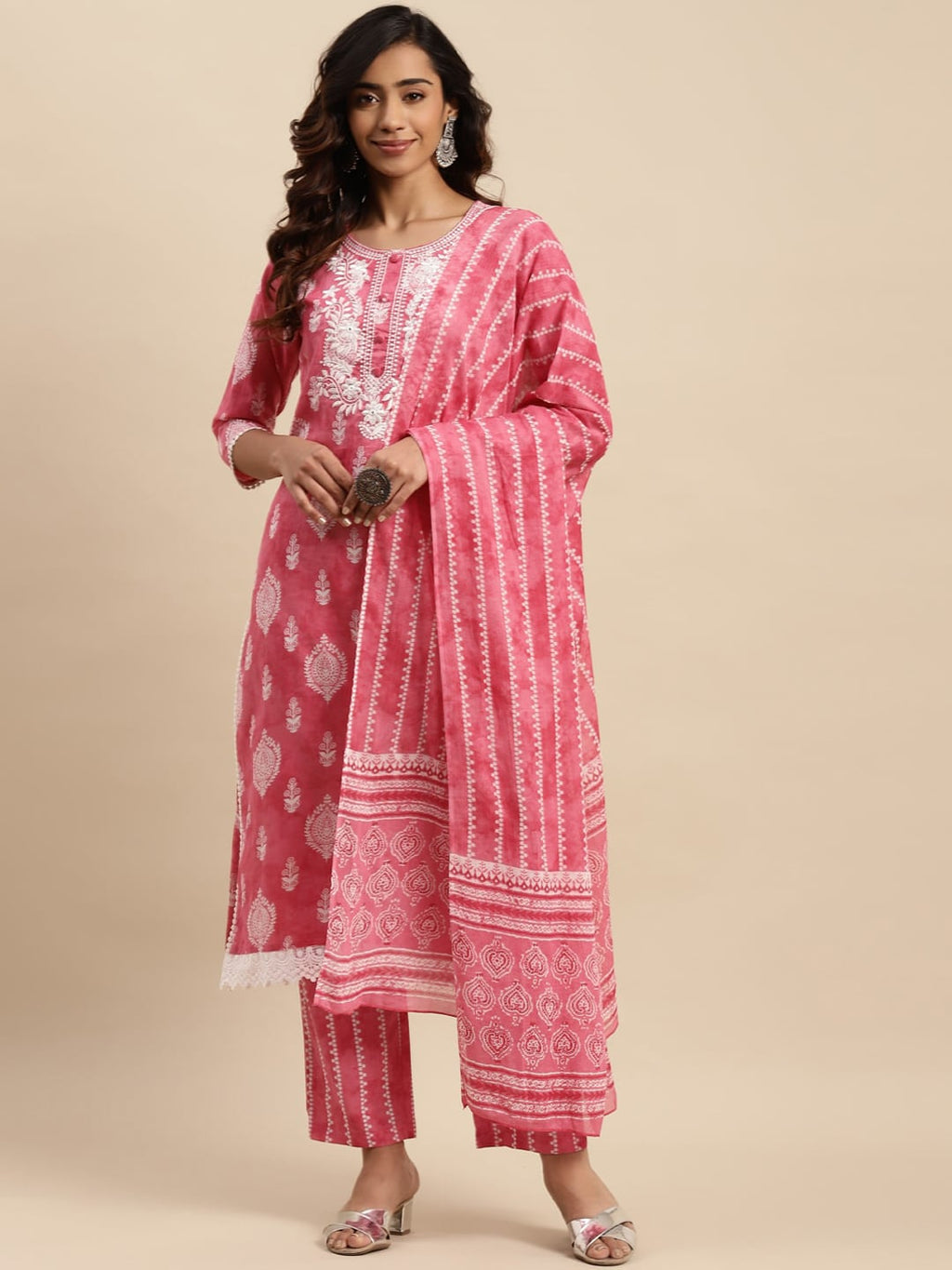 Sangria Ethnic Motifs Printed Thread Work Pure-Cotton A-Line Kurta With Trouser & Dupatta | Grocsy