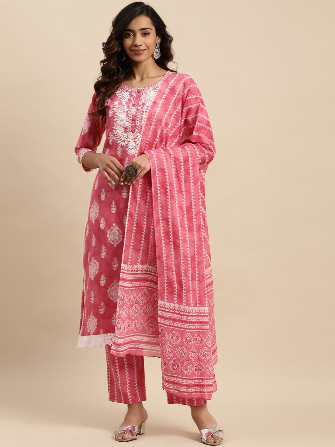 Sangria Ethnic Motifs Printed Thread Work Pure-Cotton A-Line Kurta With Trouser & Dupatta | Grocsy