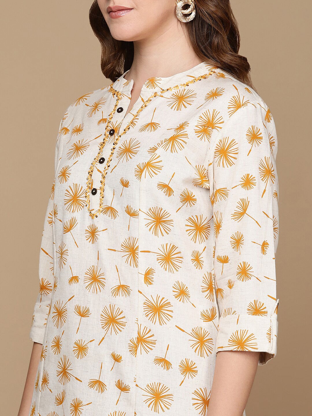 HERE&NOW Off White & Mustard Yellow Floral Printed Thread Work Sequinned Cotton Kurta | Grocsy