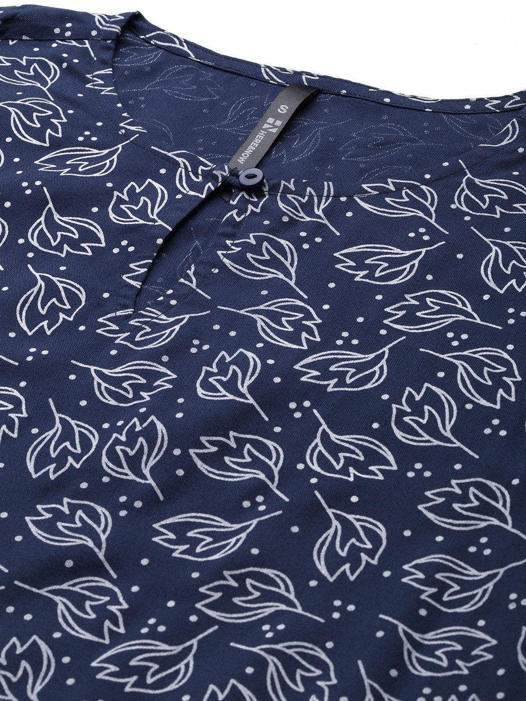 HERE&NOW Women Navy Blue & White Ethnic Motifs Printed Keyhole Neck Kurta | Grocsy