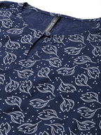 HERE&NOW Women Navy Blue & White Ethnic Motifs Printed Keyhole Neck Kurta | Grocsy
