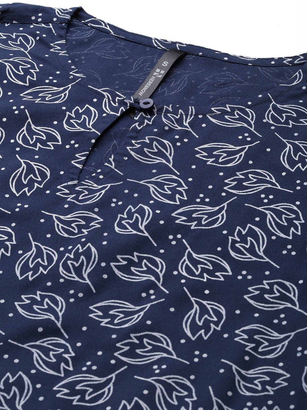 HERE&NOW Women Navy Blue & White Ethnic Motifs Printed Keyhole Neck Kurta | Grocsy