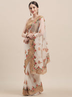 Tikhi Imli Off-White & Gold-Coloured Net Embroidered Saree | Grocsy