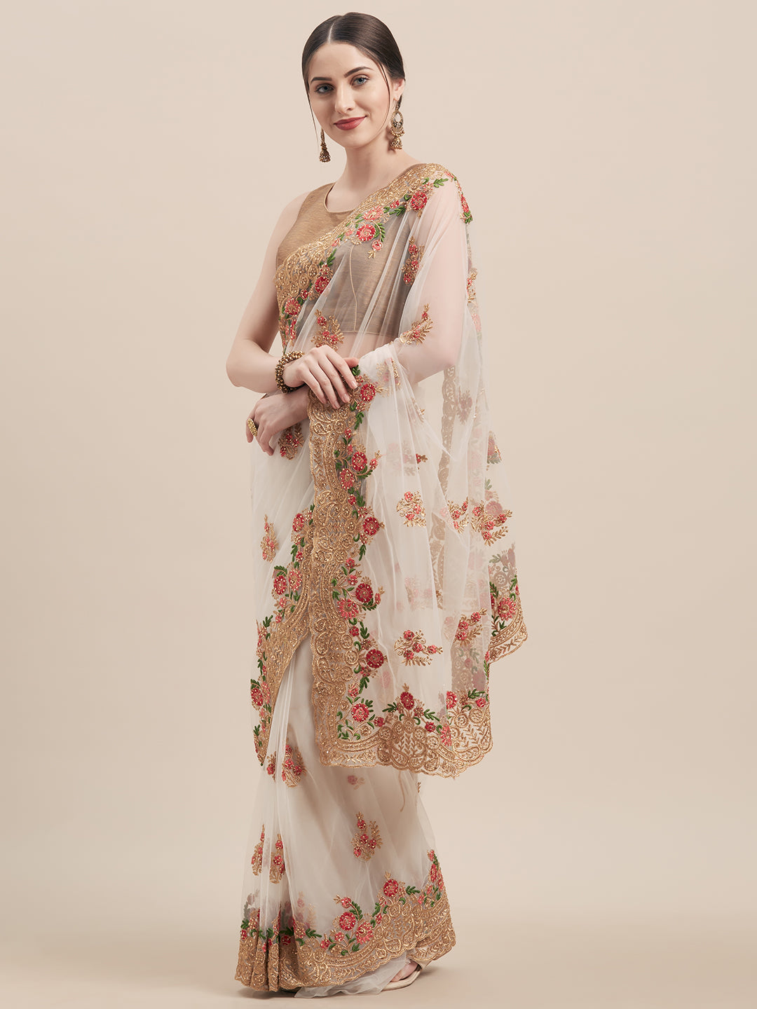 Tikhi Imli Off-White & Gold-Coloured Net Embroidered Saree | Grocsy