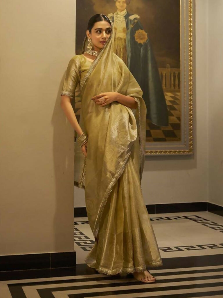 Vastranavya Gold Tissue Shimmer Zari Weaving Work Saree with Unstitched Blouse Gold | Grocsy