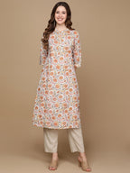 HERE&NOW White & Yellow Floral Printed Sequined Cotton Kurta | Grocsy