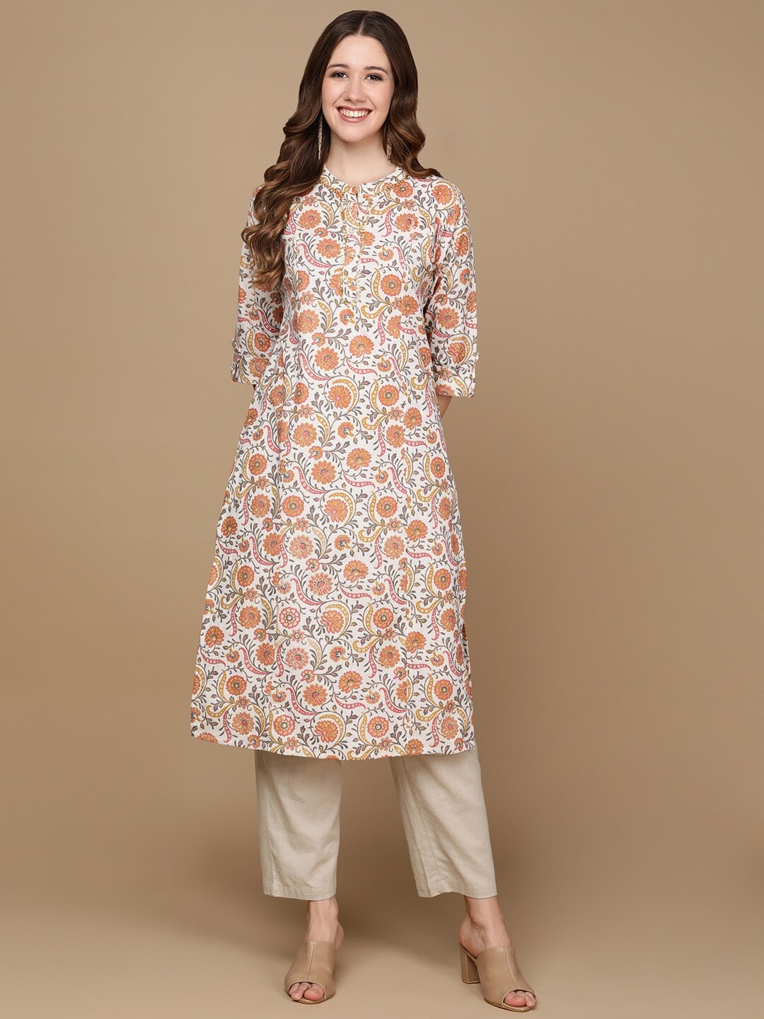 HERE&NOW White & Yellow Floral Printed Sequined Cotton Kurta | Grocsy