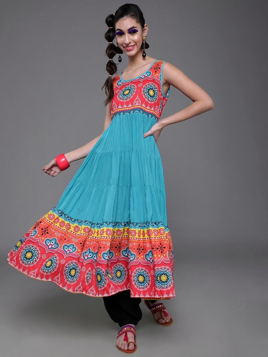 Aks Floral Printed Sleeveless Cotton Silk Anarkali Kurta | Grocsy