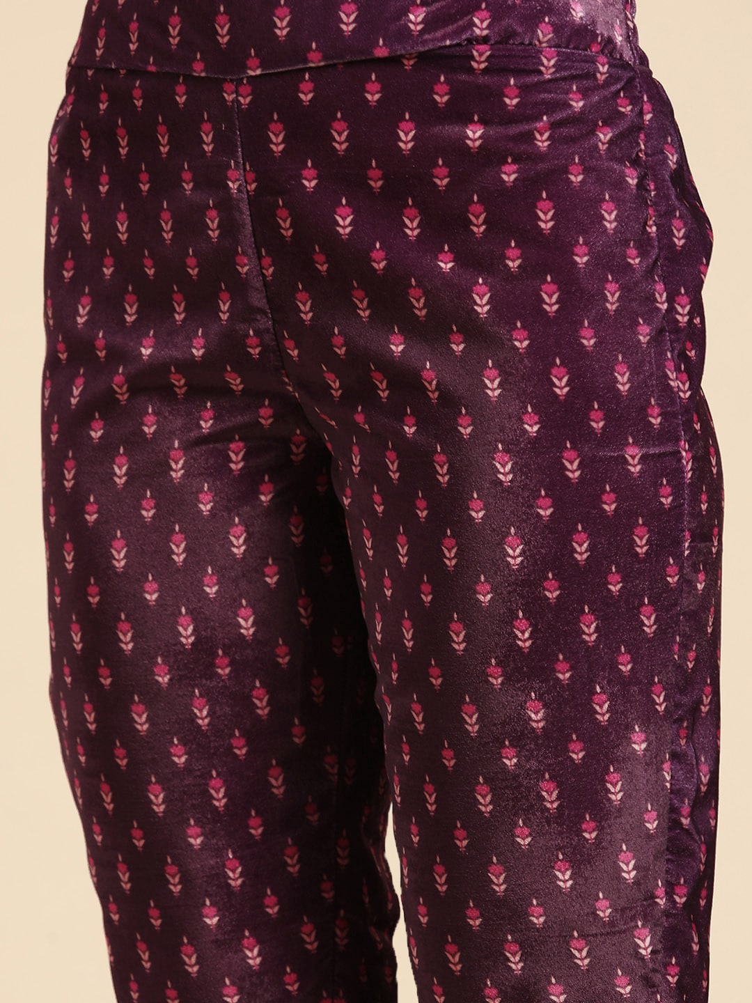 Sangria Women Burgundy & Pink Ethnic Motifs Printed Kurta with Trousers | Grocsy
