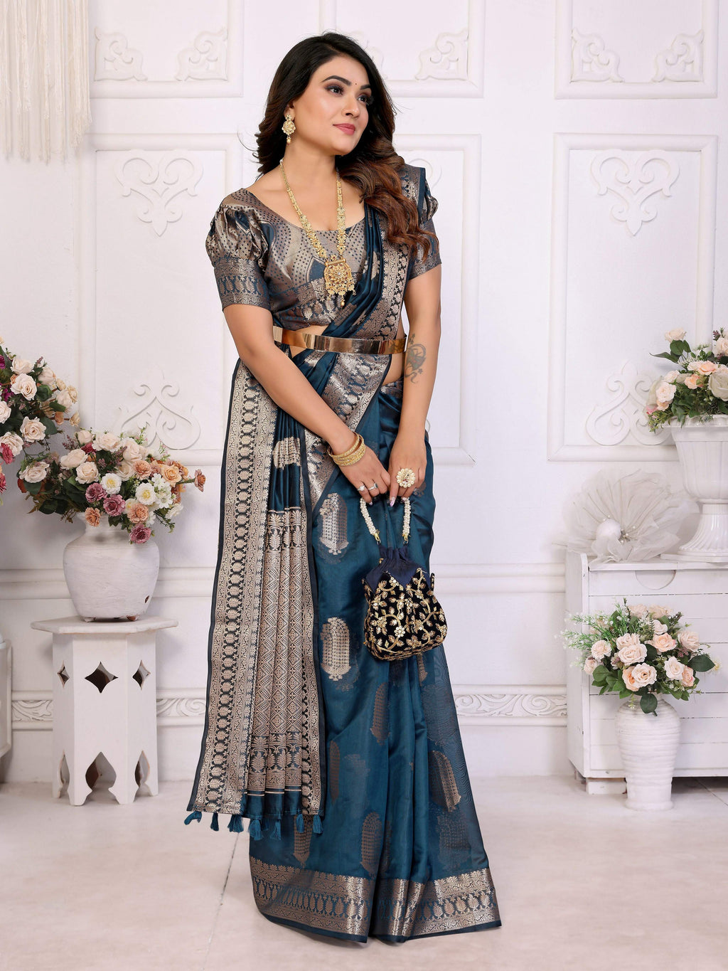 Aastha Fashion Teal Blue Soft Organza Silk Weaving Saree | Grocsy