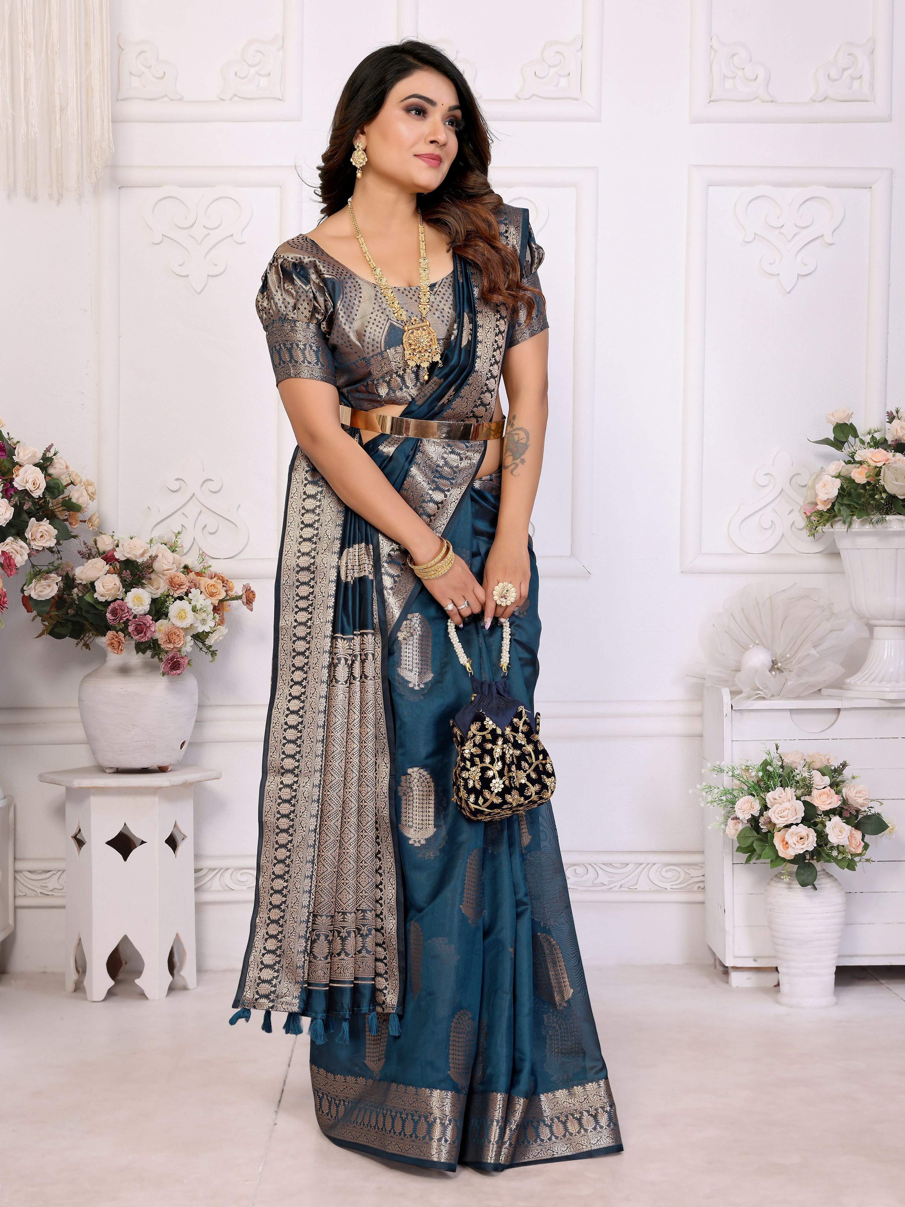 Aastha Fashion Teal Blue Soft Organza Silk Weaving Saree | Grocsy