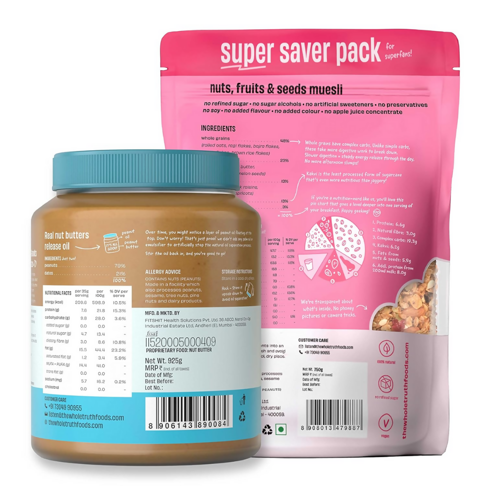 The Whole Truth Peanut Butter with Dates Crunchy + Nuts Fruits and Seeds Muesli - Breakfast | Grocsy