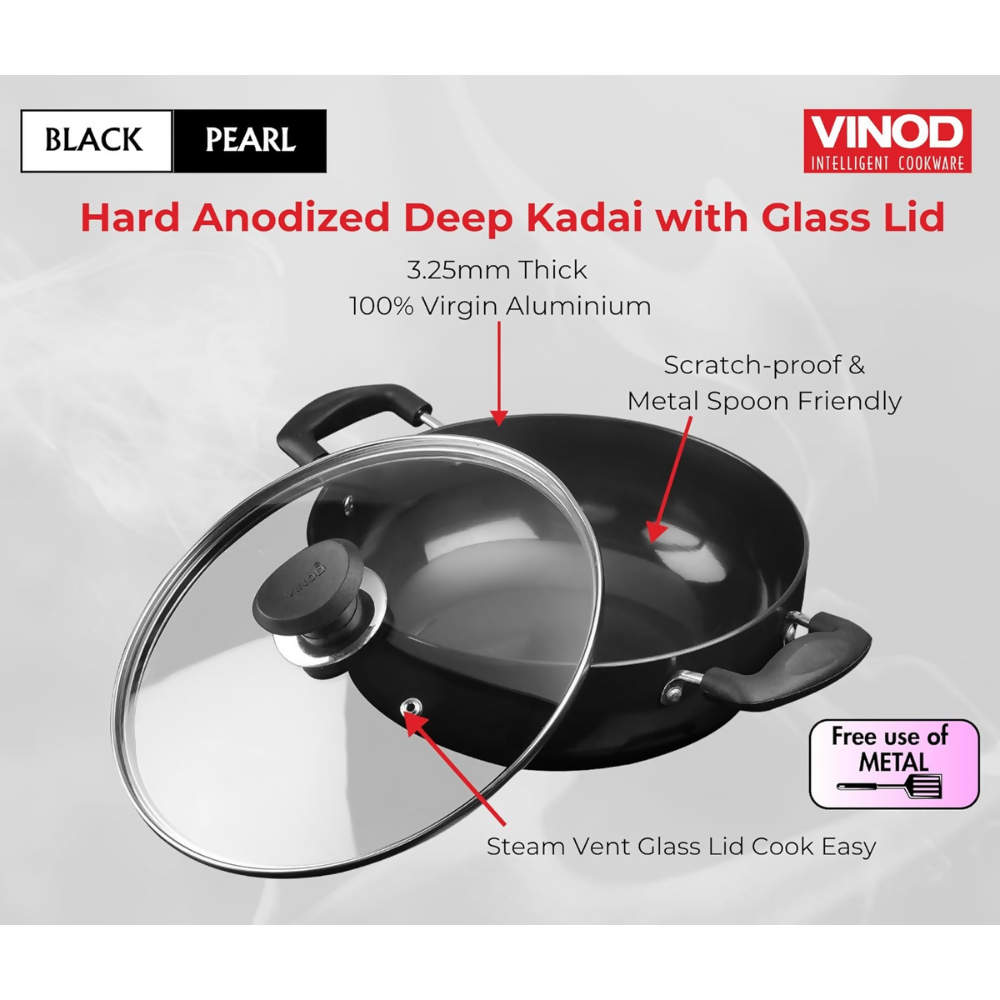 Vinod Black Pearl Hard Anodised Deep Kadai with Glass Lid | Grocsy