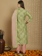 Jyoti Fashion Women's Green Chanderi Silk Elegant Jardoshi Semi Kurta with Trouser & Dupatta | Grocsy