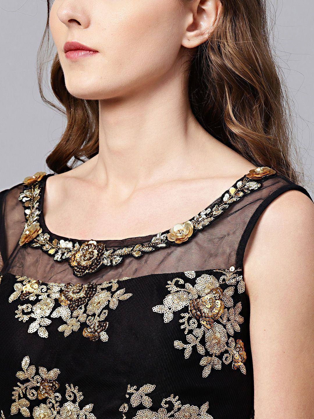 Tulsi Art Black Floral Golden Sequins Work Net Fabric Party Wear Lehenga Choli | Grocsy