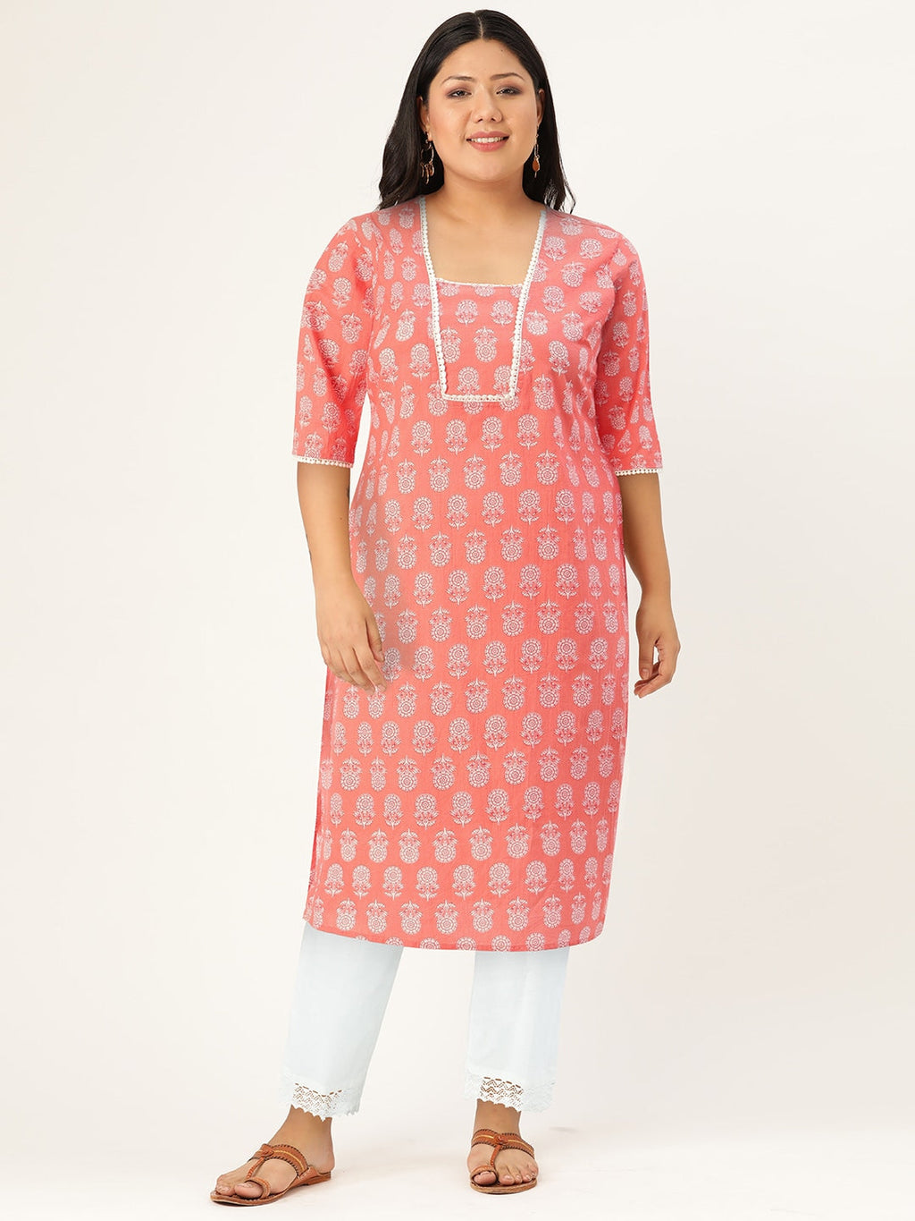HERE&NOW Pure Cotton Floral Printed Straight Kurta | Grocsy