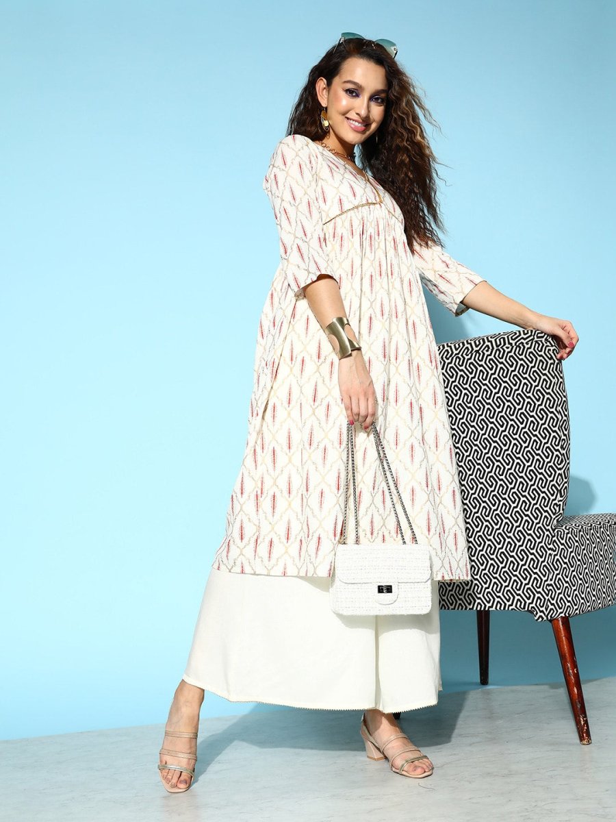 All About You Onyx White & Red Ethnic Motifs Printed Veere Di Wedding Kurta with Palazzos | Grocsy