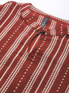 HERE&NOW Women Rust Red & Off-White Pure Cotton Striped Keyhole Neck Straight Kurta | Grocsy