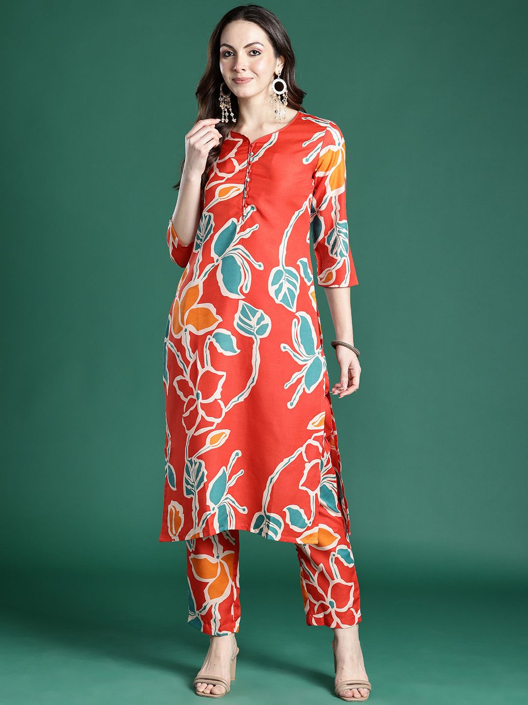 Indo Era Floral Printed Regular Pure Cotton Kurta with Trousers | Grocsy