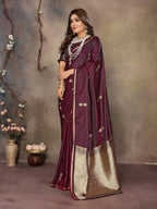 Joban Fashion Maroon Floral & Botanical Motifs Satin Silk Banarasi Silk Saree | Grocsy