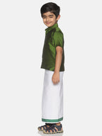 Sethukrishna Boys Olive Green & White Solid Shirt and Veshti Set | Grocsy
