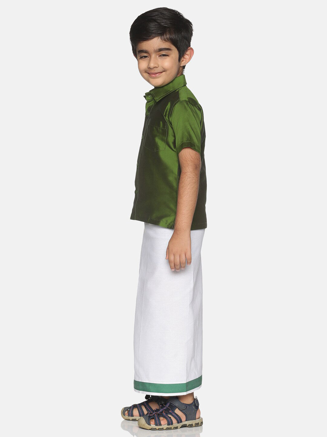 Sethukrishna Boys Olive Green & White Solid Shirt and Veshti Set | Grocsy